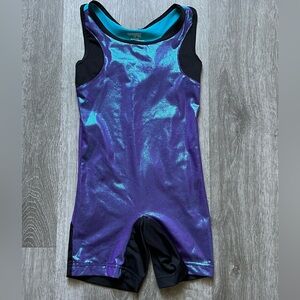 Girl’s 4/5 XS Danskin Now Shimmery Blue Black Gymnastics Leotard